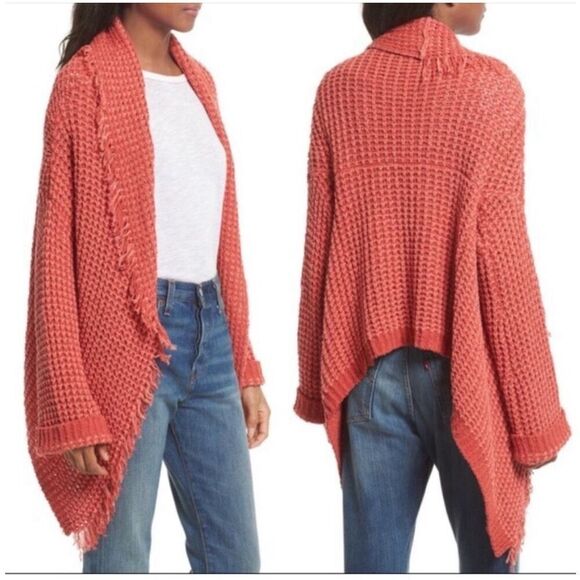 Free People silk blend I'll Be Around Coral Orange Fringe Trim Knit Cardigan XS - Picture 1 of 9
